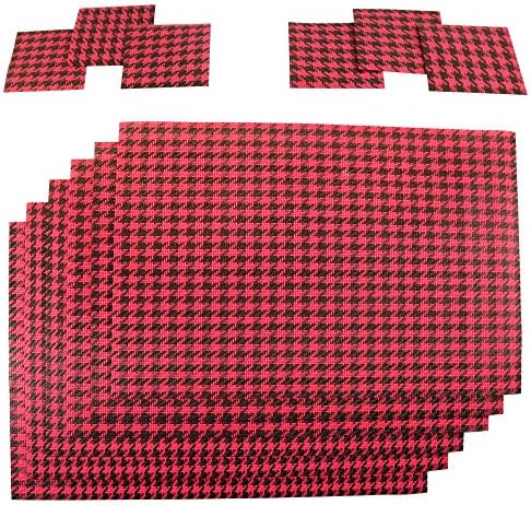 HomeProMart Premium Everyday Use Vinyl Placemats Set of 6; Bonus 6 Coasters; Easy care, Indoor &amp; Outdoor Use Reversible Placemats, 12"x18" (RedBlack)