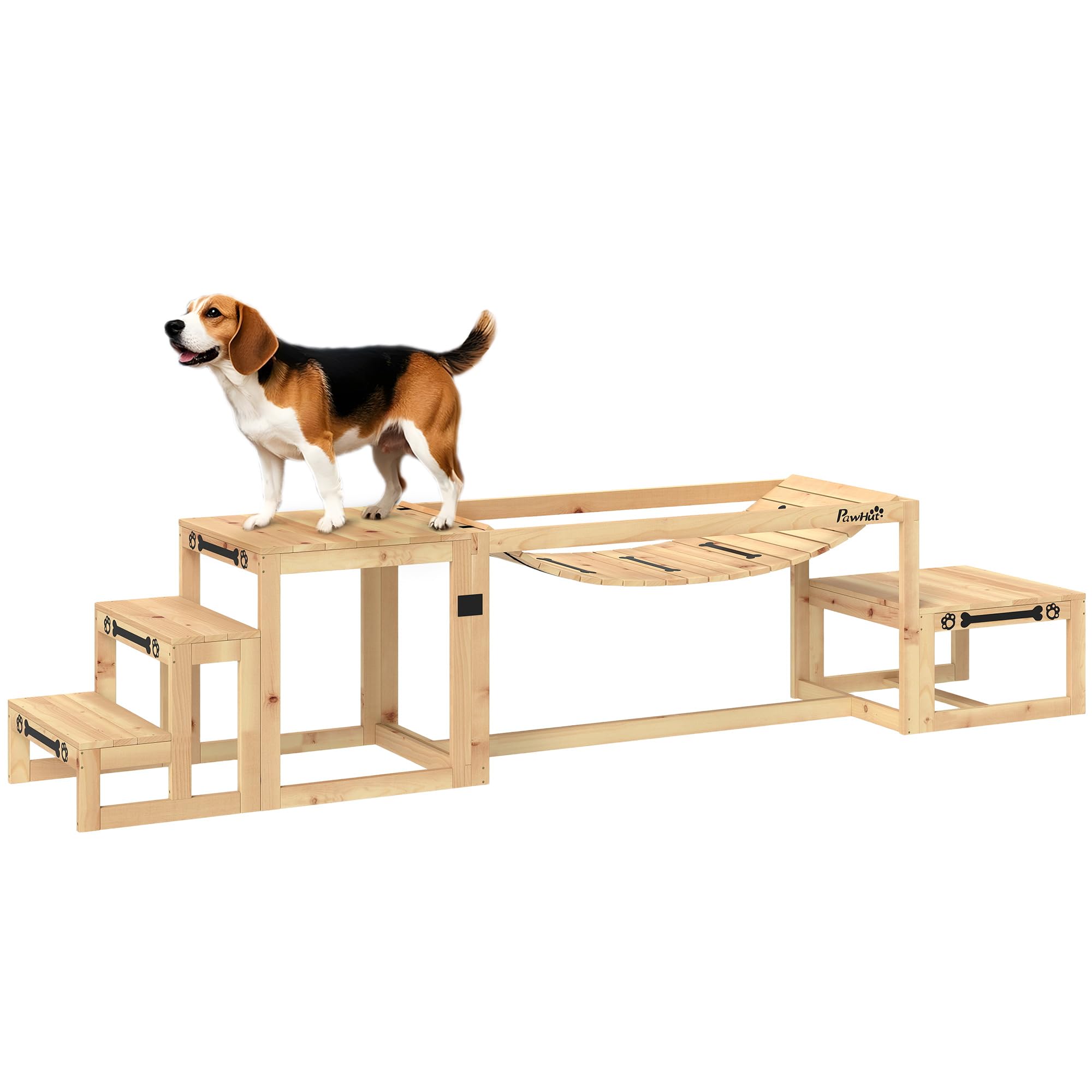 PawHut Équipements d'entraînement agilité pour Chien, kit d'équipement d'agilité pour Chien, 3 pièces, Pont Souple, Plateforme de Pause, escalier Inclus, en Bois Massif, Bois Naturel