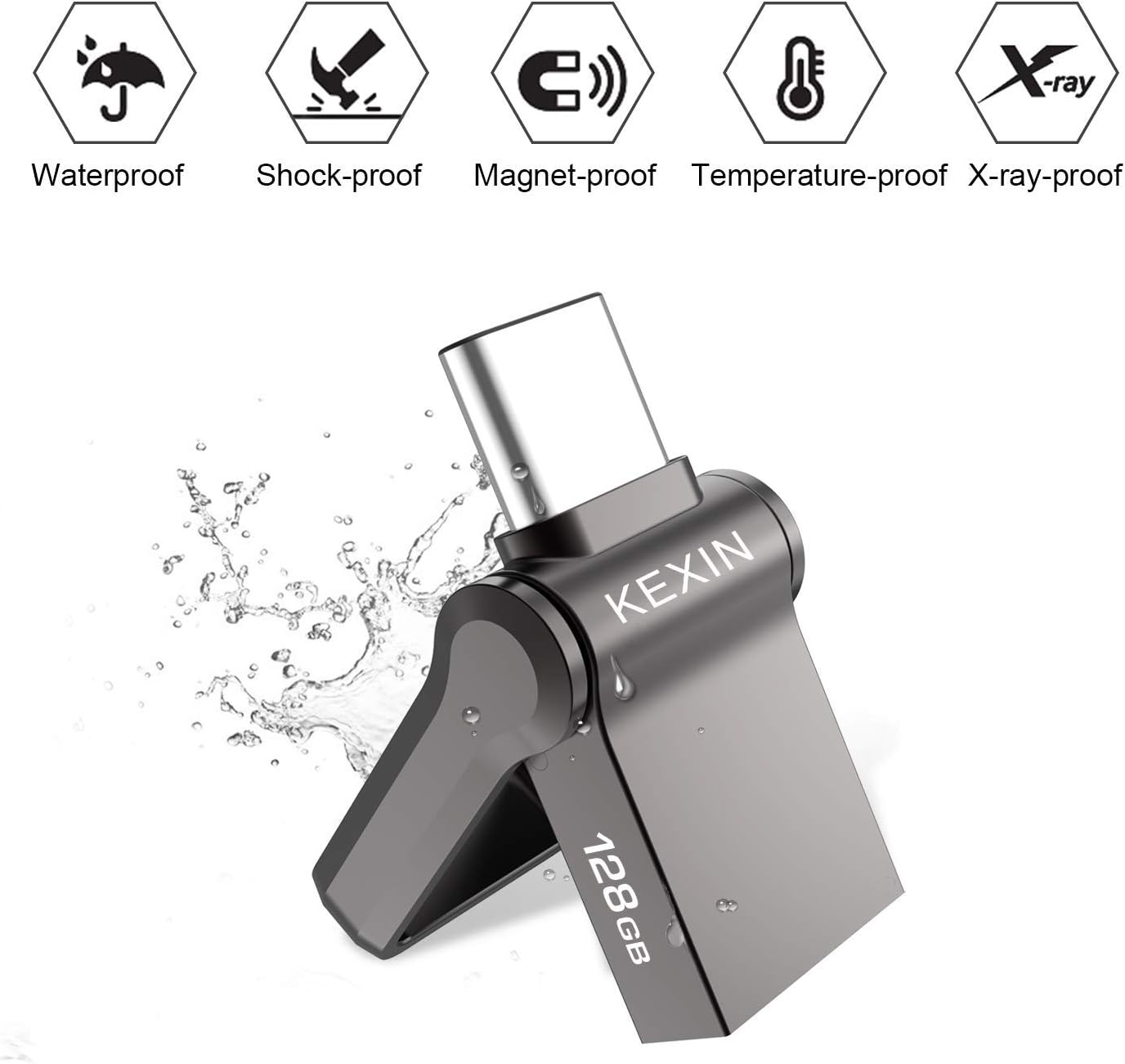 KEXIN USB Flash Drive Type C 128GB USB C Drive 3.0 Dual OTG 2 in 1 USB C Memory Stick Waterproof Thumb Drive Mini USB Drive for PC/Macbook/Tablet/Smartphone(Samsung Huawei Honor Xiaomi) Black - Image 5