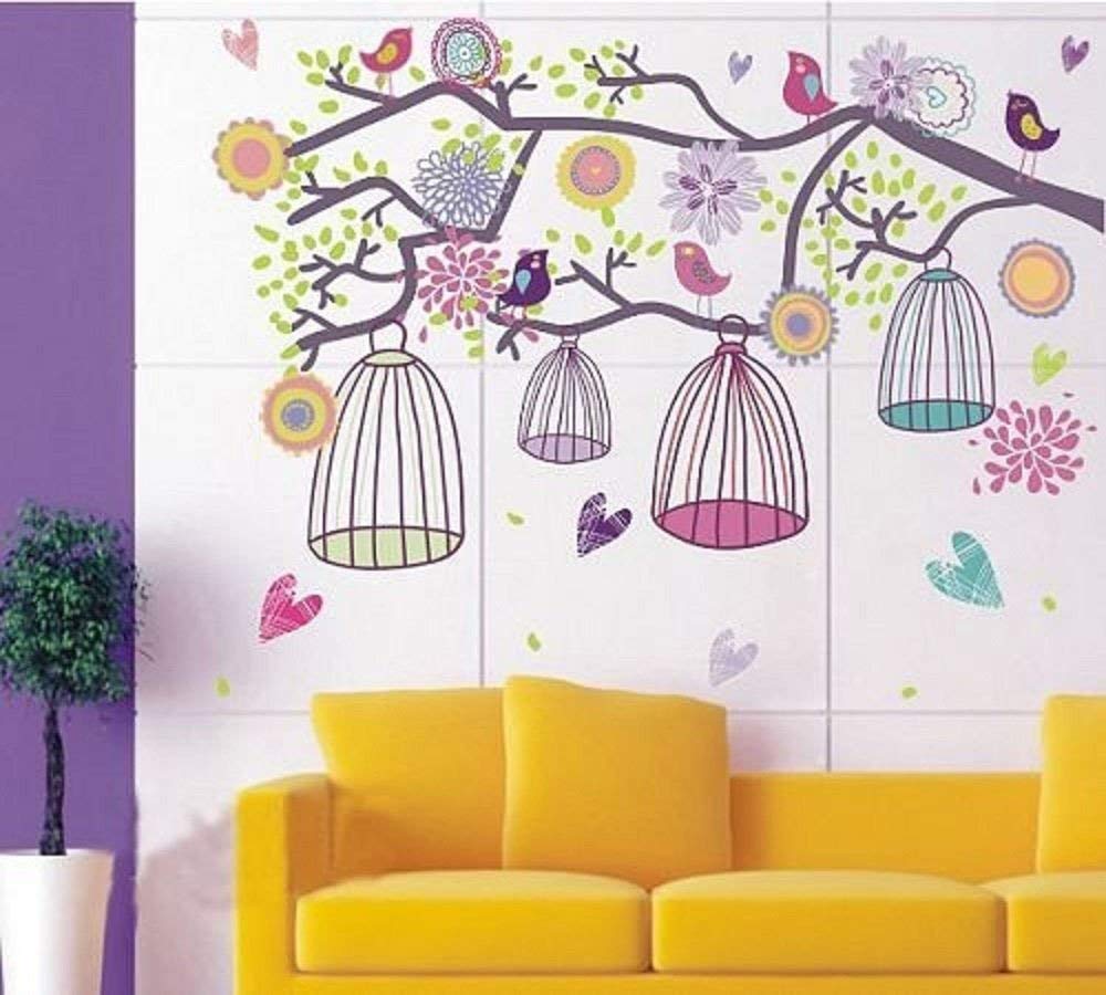 Walplus Wall Stickers Colourful Birds Cage On Tree Branch Removable Self-Adhesive Mural Art Decals Vinyl Home Decoration DIY Office Décor Wallpaper Kids Room Gift, Multi-colour