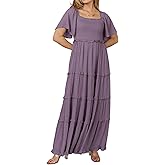 R.Vivimos Womens Summer 2026 Maxi Dress Short Sleeve Square Neck Elastic Smocked Swiss Dots Casual A-Line Flowy Long Dresses