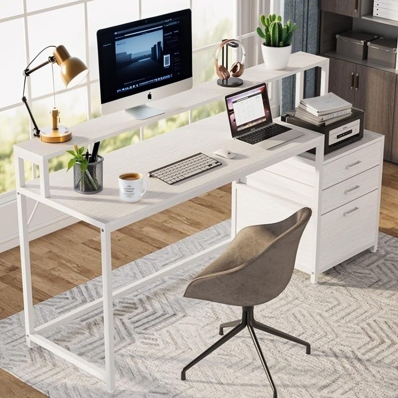 KINTOP Escritorio Oficina con 3 Cajones, Soporte para 3 Monitores, Estructura de Madera Resistente, 160 Lar. x 50 ANC. ×90 Alt. CM, Escritorio para computadora Multiusos para Hogar Pequeño (Blanco)