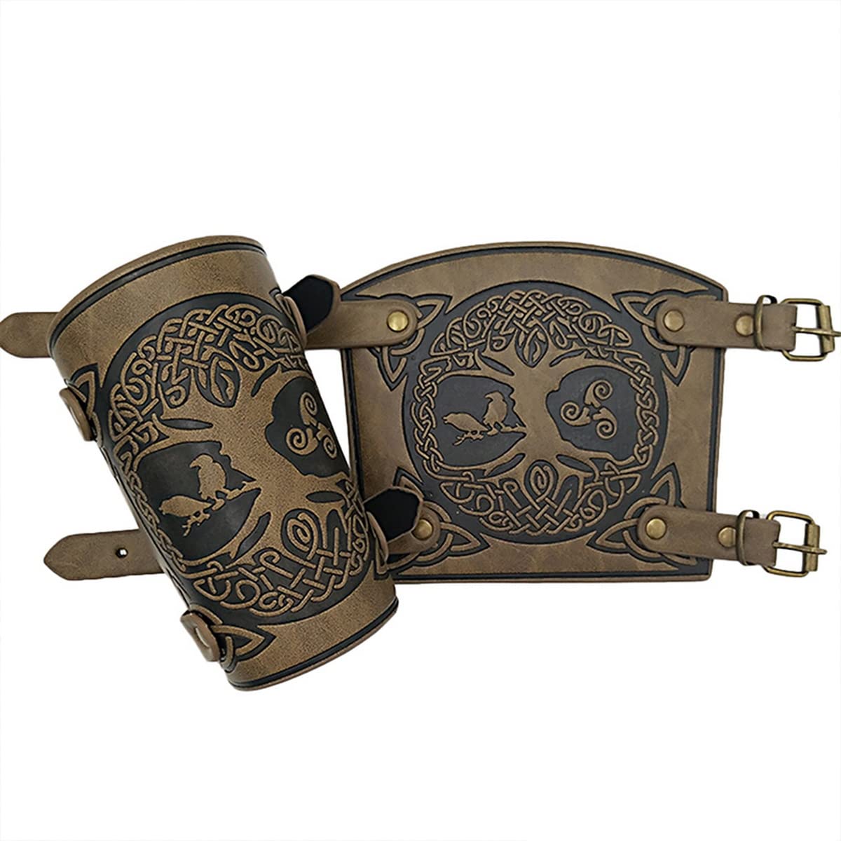 Thajaling Viking World Tree Embossed PU Leather Arm Bracers, Hand Made Full Grain Leather Cuffs, LARP Accessories, Medieval Archery Bracers, Viking Wrist Guard (Khaki)