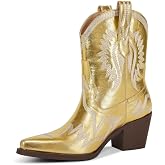 HOCHFART Women's Western Ankle Cowboy Boots Chunky Pointed Toe Wide Calf | Metallic PU-Leather, Embroidered, Pull-On, Concert, Festival, Rodeos, Party, Daily Wear, All-Day Comfort