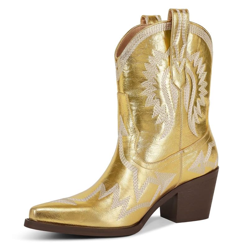 Photo 1 of HOCHFART Western Boots For Women Embroidered Pointed Toe Cowgirl Boots Chunky Heel Pull-On Short Cowboy Boots Wide Calf Fashion Retro Classic Country Ankle Boots, Gold, Size 7