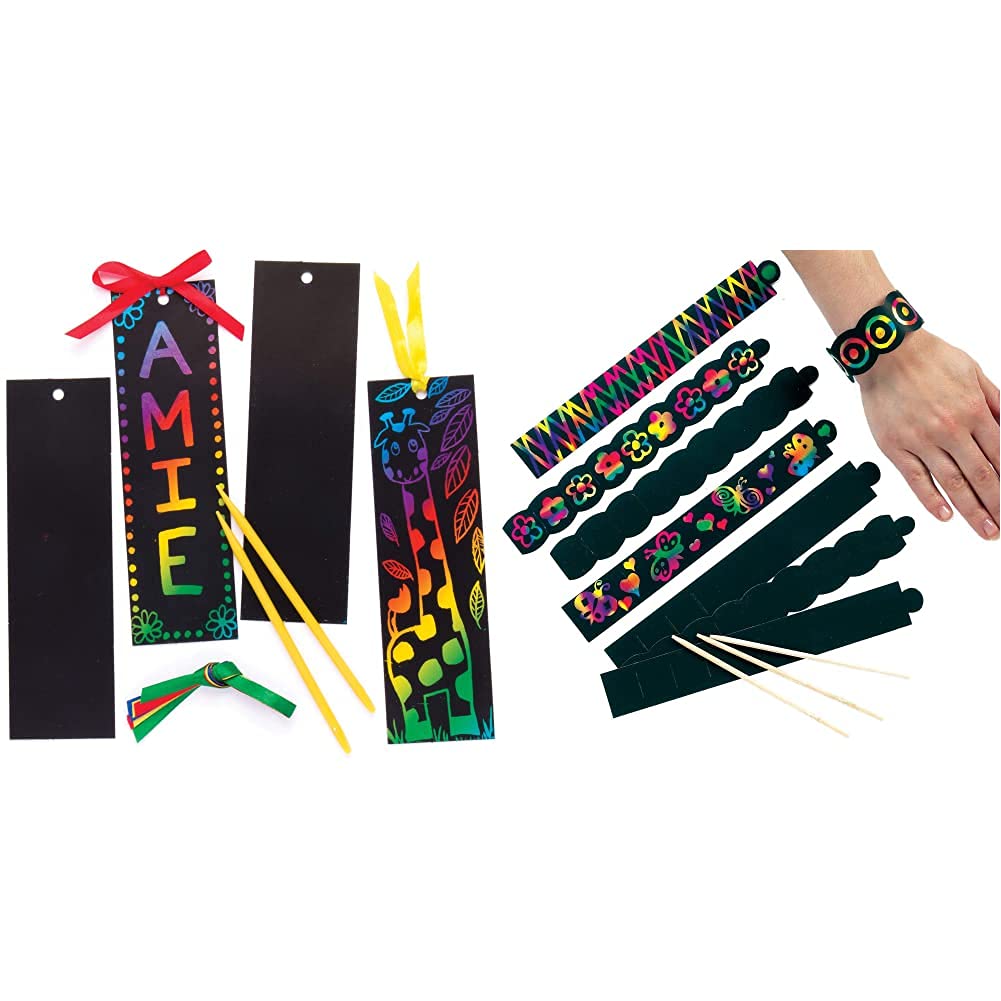Baker Ross EK3093 Scratch Art Bookmarks (Pack of 12), Black & Scratch Art Bracelets (Pack of 12) for Kids Party Bag Fillers, Assorted, 12 Pack