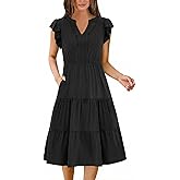Womens Summer Dress Ruffle Sleeve V Neck Midi Dresses Fashion Casual Fit Flowy Tiered Boho Beach Vacation Sundress