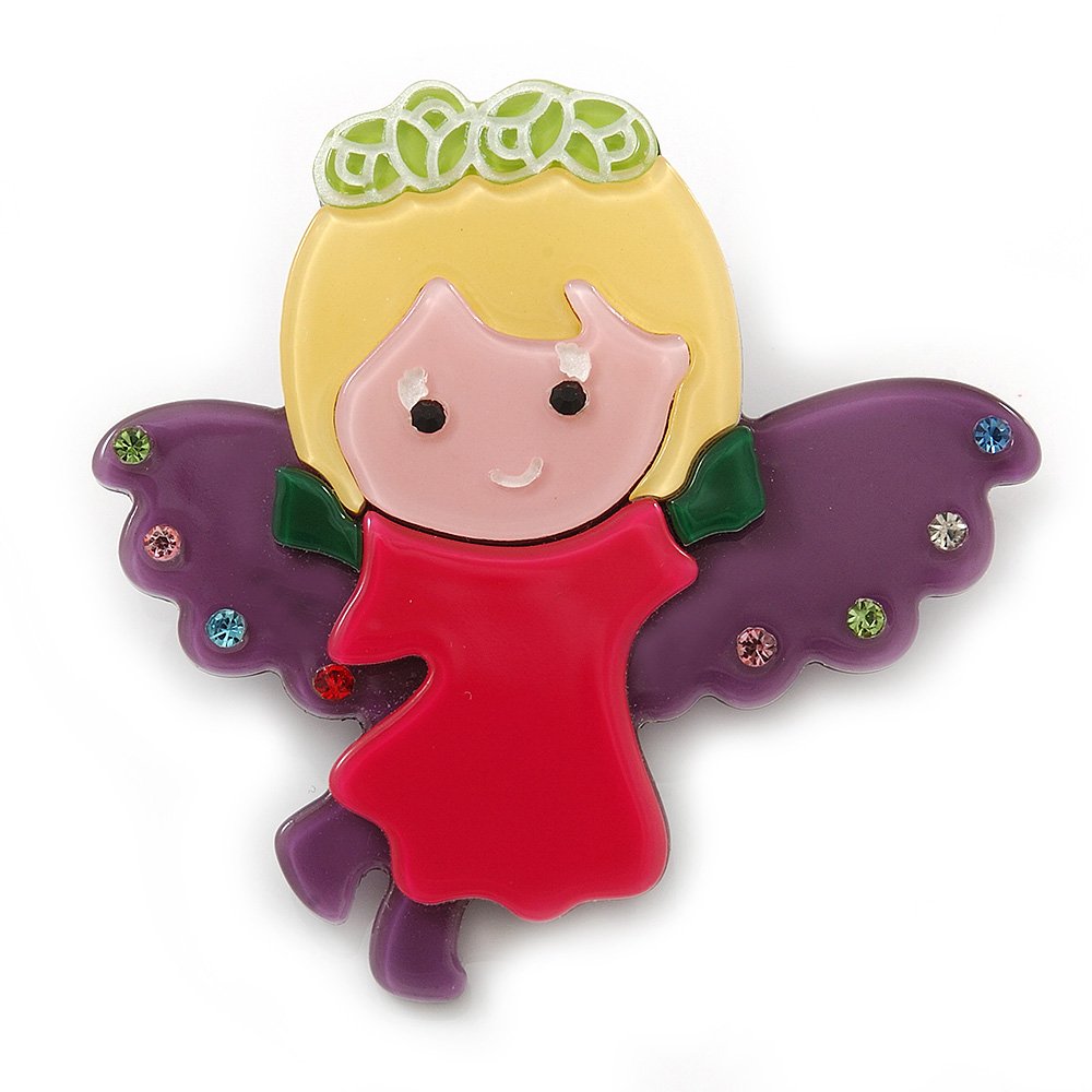 Purple/Magenta Austrian Crystal, Acrylic 'Little Angel' Brooch - 50mm Length