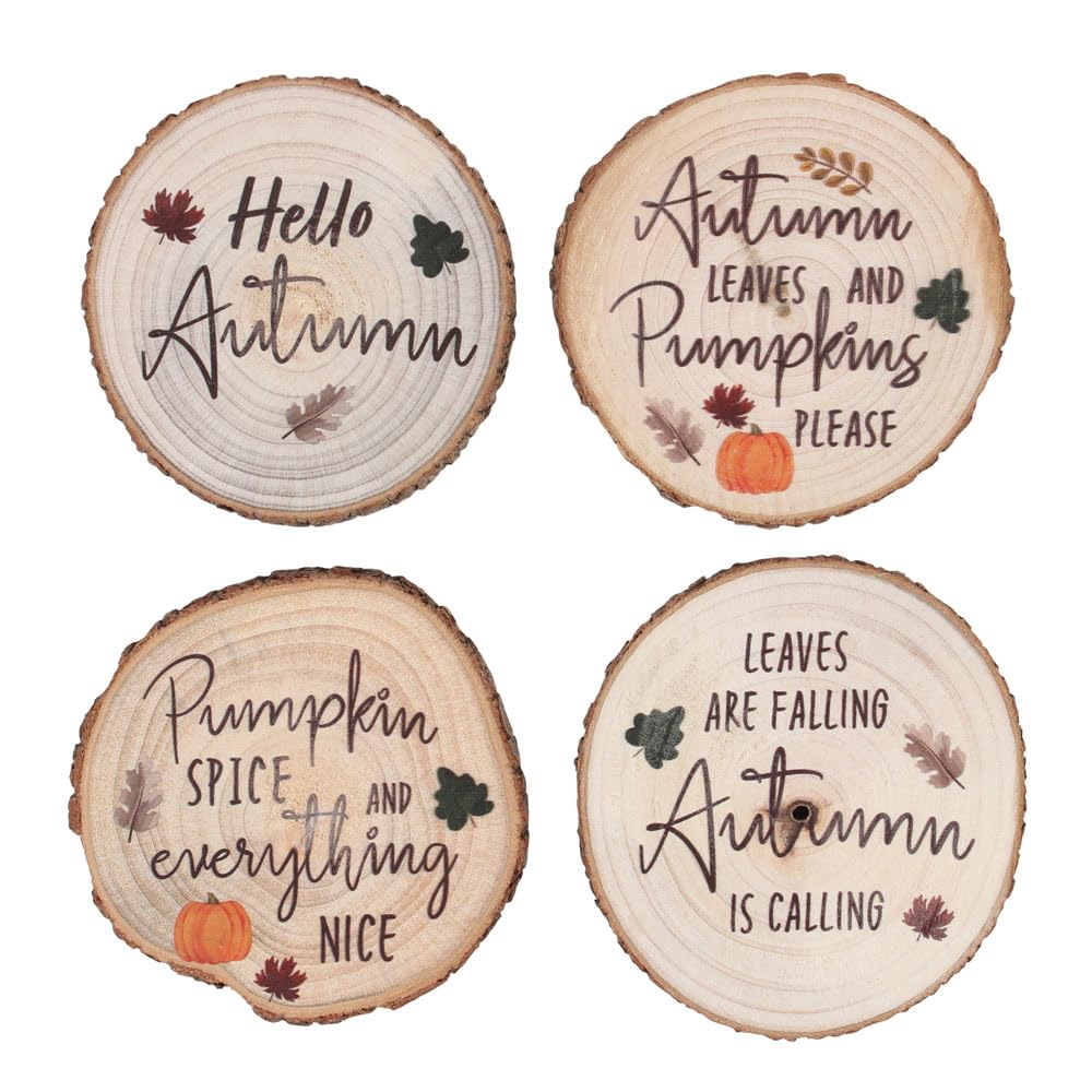 Jones Home & Gift Set of 4 Natural Log Slice Hello Autumn Design Wood Coasters | Wooden Drinks Coaster Set - Cup Mug Table Mats Dining Deco, Multicolor, 10cm x 10cm x 1.2cm