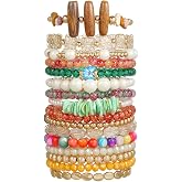 Someki 16Pcs Beaded Stackable Bracelet for Women Boho Multicolor Wood Crystal Natural Stone Bracelets Bohemian Colorful Stretch Beaded Bracelets Layered Fashion Jewelry Gift