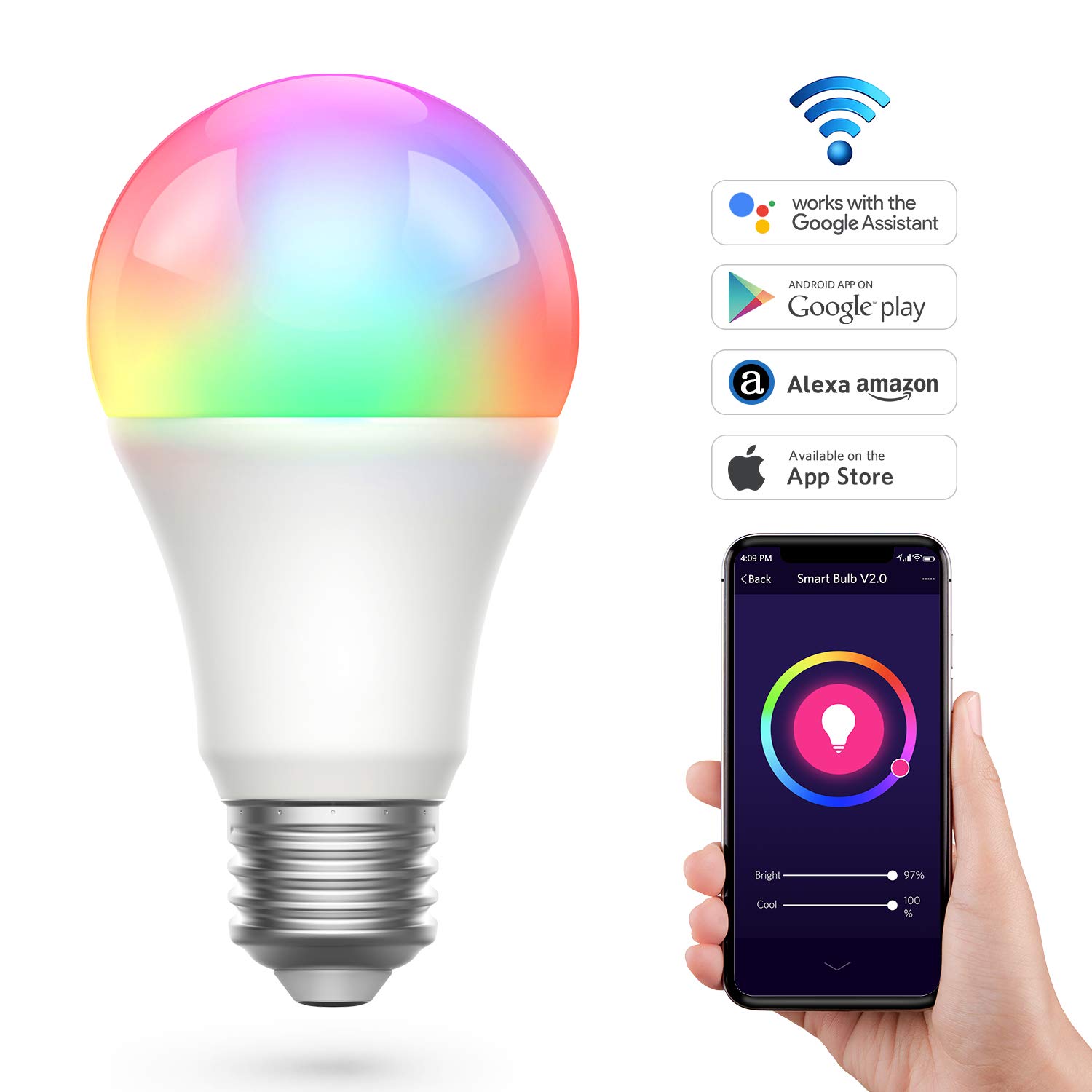 Smart Lampe, Wlan Lampe 2700K-6500K RGBW effiziente Wärmeableitung LED Lampe dimmbar Farbe steuerbar via APP unbeschränkte Modi, kompatibel mit Google Home & Amazon Alexa, energiesparend 7W, E27, 2 Packs [Energieklasse A+]
