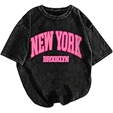 winkbay Women's Letter Graphic Drop Shoulder T-Shirt Round Neck Washed Tees Vintage Casual Tees