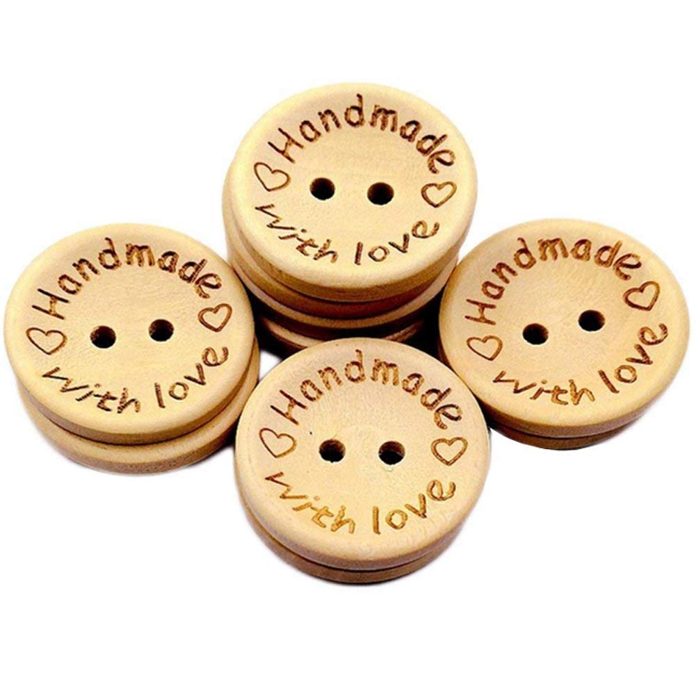 100 Pcs Wooden Buttons Handmade with Love Round Sewing Button 2 Holes Crafts Decor Button DIY Craft Supplies (25MM)