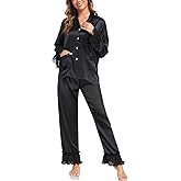 BestWendding Womens Silky Pajamas Ruffle Hem Long Sleeve Collar Shirt and Long Pants Button Up Lounge Sets with Pockets