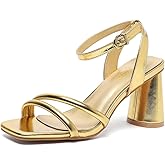 Amoji Women 3 Inch Heels Lady Heeled Sandal Ankle Strappy Dress Shoes FZ335 Gold Size 8.5 women