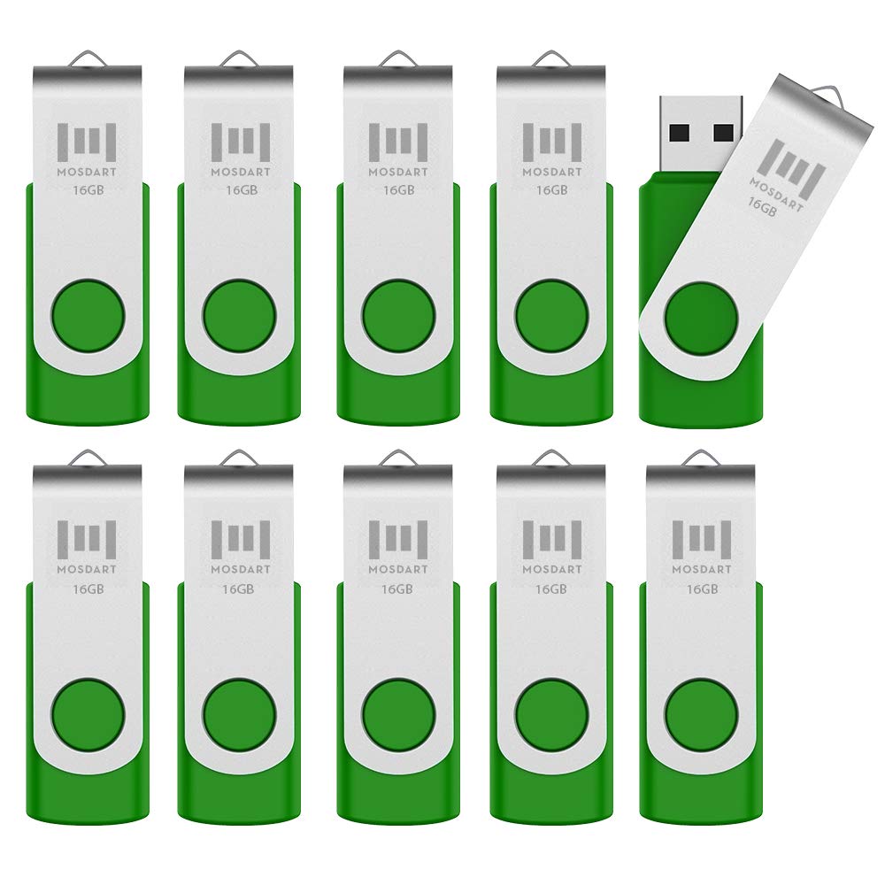 MOSDART USB2.0 16GB Flash Drive, Swivel Design with LED Indicator, Keychain Loop, FAT32 Memory Stick for Data Storage, Green(Pack of 10)