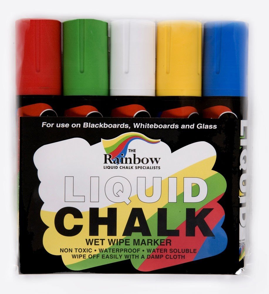 Liquid Chalk Marker Pens Large 5 Pack Assorted - 15mm Wet Wipe Erasable Marker Pen. Rain Proof For Inertior And Exterior Use On Chalkboards Blackboards Menus