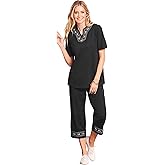 AmeriMark Embroidered Floral Trim Capri Set Women's Capri Top & Pants Outfit