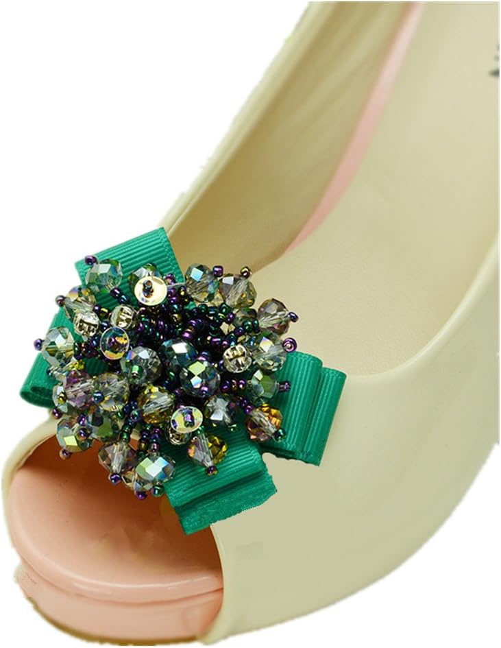 Douqu Grosgrain Ribbon Bow Wedding Bridal Beads Rhinestone Crystal Shoes Clips Charms Jewelry Pair (Green)