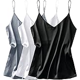 Ekouaer 3 Pack: Womens Silk Satin Tank Top V Neck Camisole Cami Spaghetti Strap Top Loose Sleeveless Blouses Tank Shirt