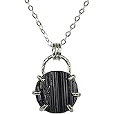 Kate Jewelry Raw Black Tourmaline Round 6-Prong Pendant Necklace with Solid Sterling Silver Chain 18", NB14