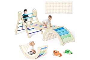 ElegantCrafts Pikler Triangle Set with Cushion, Montessori Climbing Set, Indoor Climb Toys, Indoor Playground Jungle Gyms, 9 Combinations Climbing Toy Set for Toddler, Baby, Kids 1-4