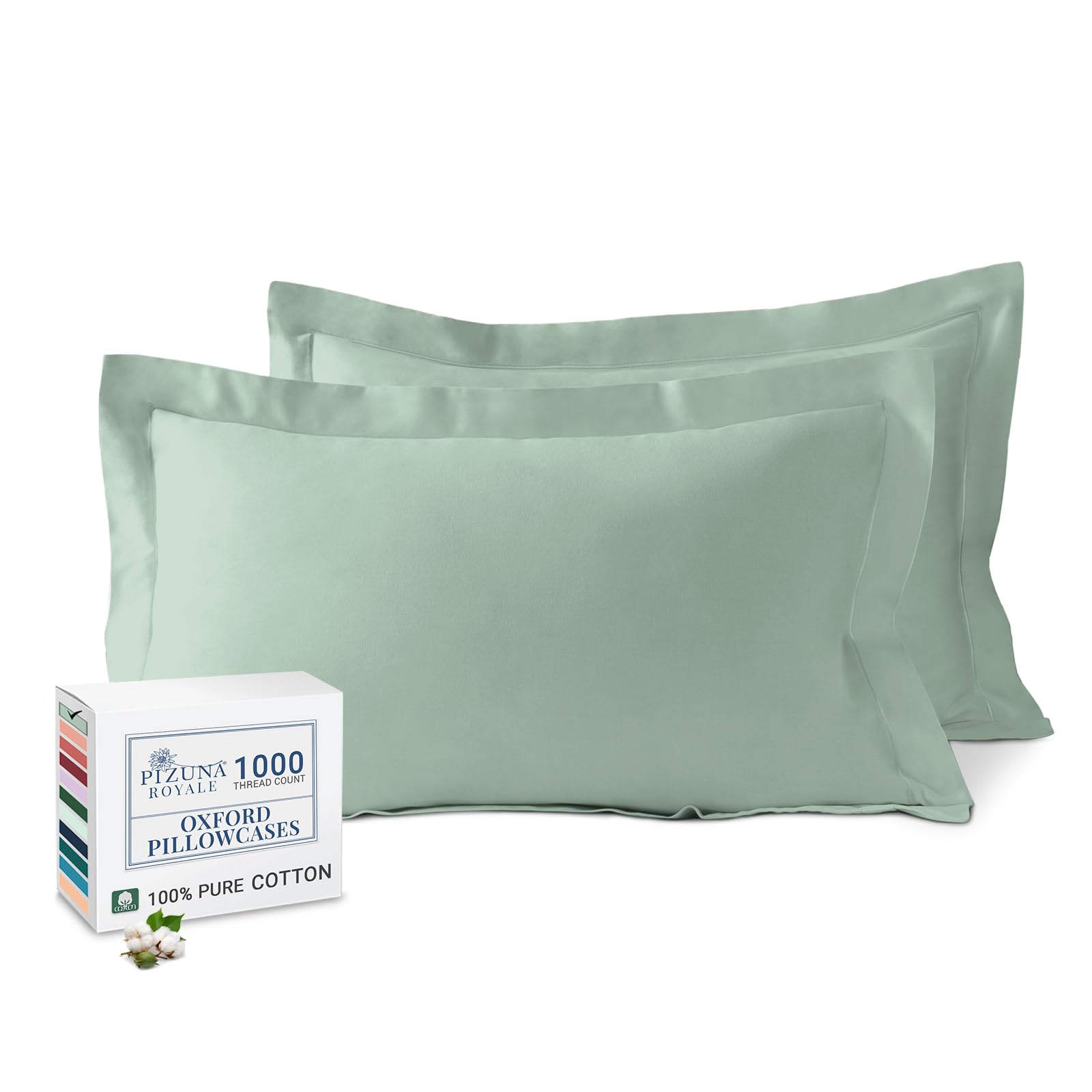 Pizuna Luxurious Cotton King Size Oxford Pillowcases 2 Pack Seafoam Sage 50x90cm, 1000 Thread Count Long Staple Combed Cotton Thick Pillow Cover, Soft Sateen King Pillow Cases (Cooling Pillowcase)