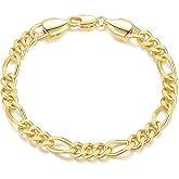 ERIN MARIE 14K Gold Bracelets for Women Men Non Tarnish Women’s Men’s Bracelet Figaro Link Gold Chain Bracelets 3-in-1 Charm Jewelry Gifts 6.5 in -9 in Length