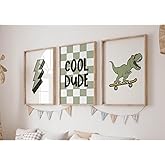 Nursery Dinosaur Wall Art Set of 3 Boys Room Canvas Decor Toddler Kids Art Prints Dinosaur Skateboard Pictures Poster Boys Dino Artwork Decor for Bedroom 12x16 Inch Unframed