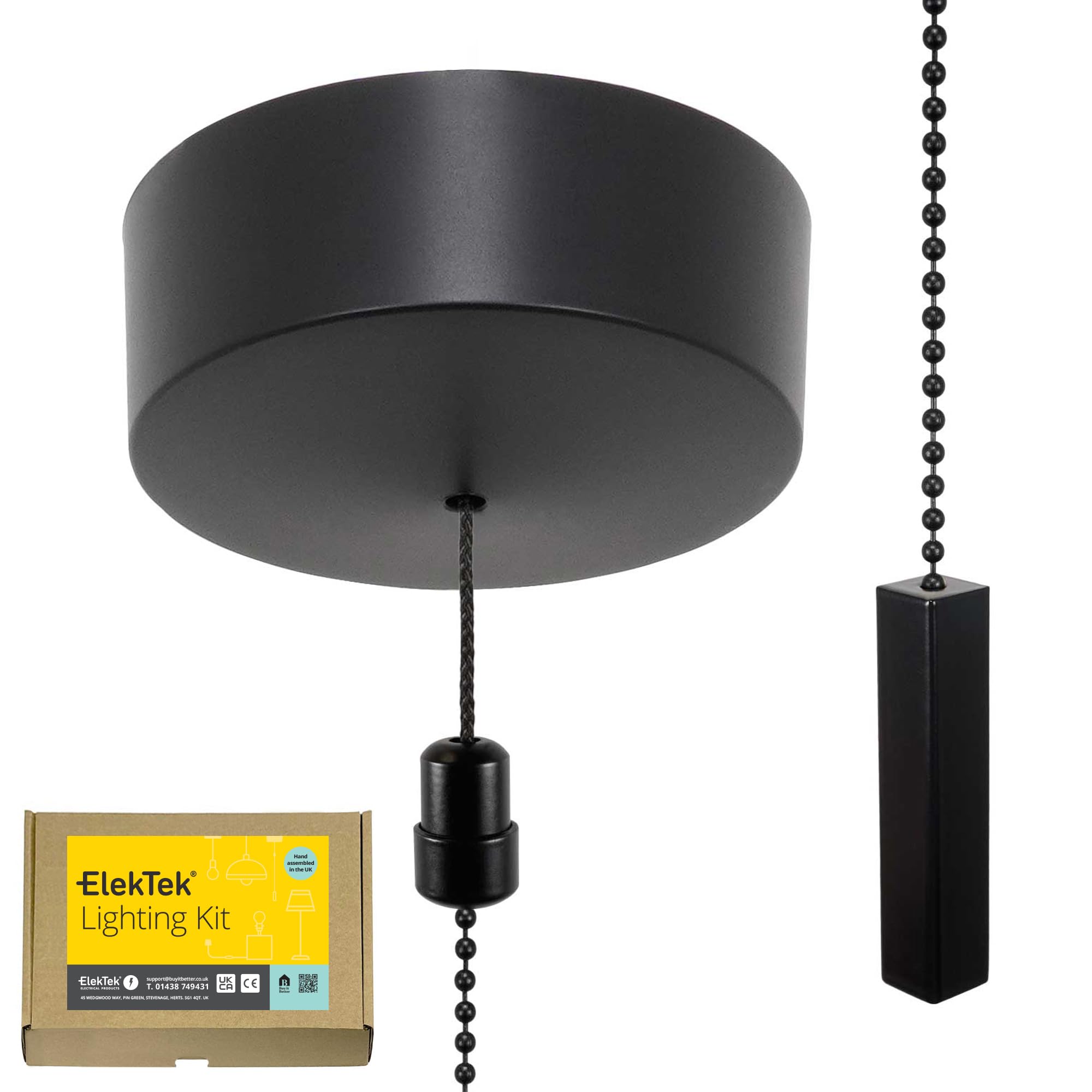 ElekTek UK Safety Approved Matt Black Bathroom Light Pull Switch Kit Square Bar Fob Handle + Black Chain, EN 60669-1 & CE Mark, Metal Plated, Earth Terminal, 6A 250V, 1 or 2 Way, Wiring Instructions — image 1