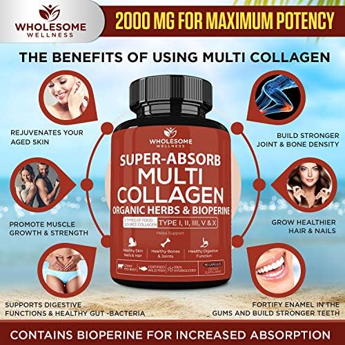 Super Absorb Multi Collagen Pills Type I Ii Iii V X Organic Herbs And Bioperine Anti Aging Hair Skin Nails Joints Hydrolyzed Collagen Peptides Protein Supplement For Women Men 90 Capsules