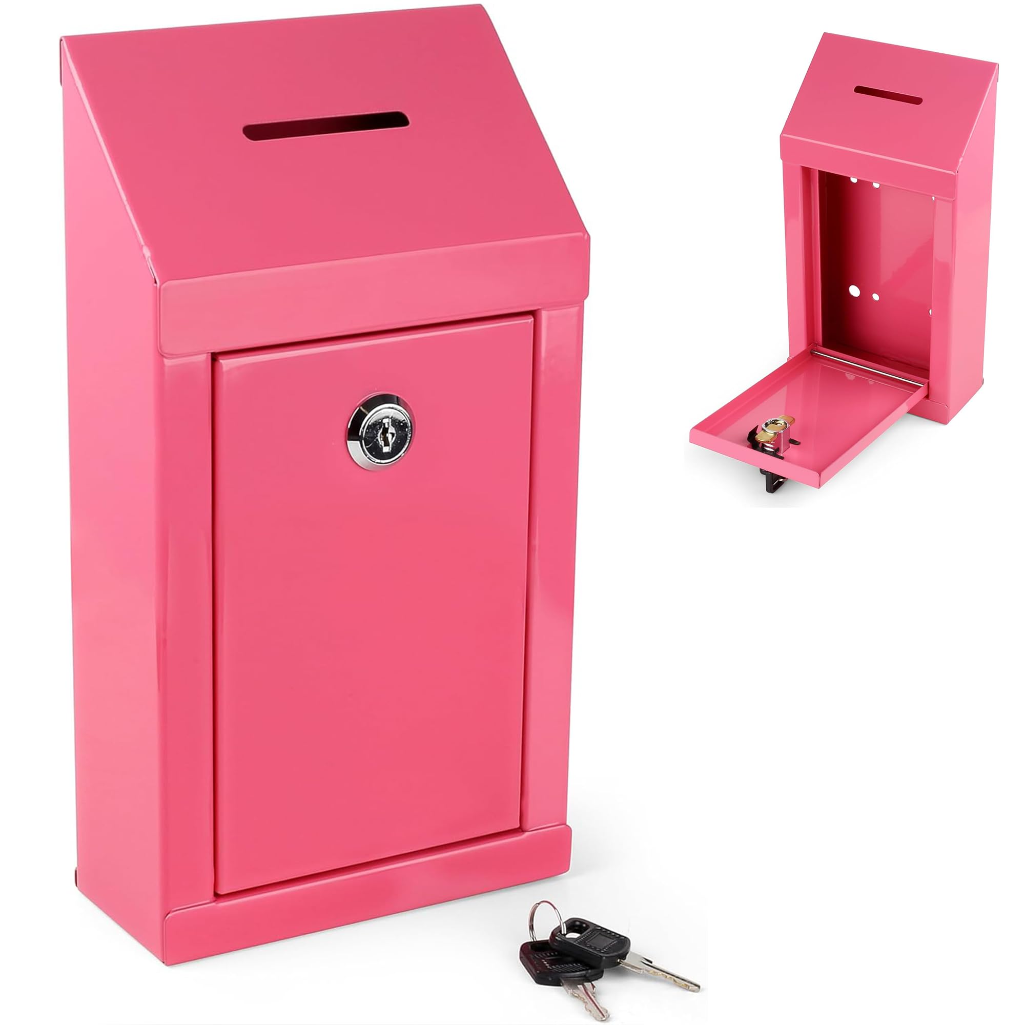 Metal Donation Box-Suggestion Box with Slot and lock-Cash Lock box for Money-Secure Drop Box-Comment and ballot voting box-comes with pre-drilled holes for easy wall mounting 10 X 6 X 2.5"(Pink) — image 1