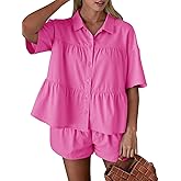 Cicy Bell Womens 2 Piece Outfits Summer Pleated Button Down Shirts High Waisted Shorts Lounge Sets Bright Pink