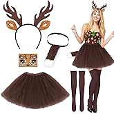 Yotako 5 PCS Reindeer Costume Adult, Deer Costumes with Reindeer Antler Headband, Deer Face Sticker, Tail Tutu Skirt, Stockings, Christmas Fancy Dress Outfits for Women Girls Gift