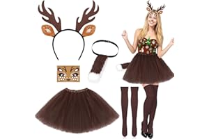 Yotako 5 PCS Reindeer Costume Adult, Deer Costumes with Reindeer Antler Headband, Deer Face Sticker, Tail Tutu Skirt, Stockings, Christmas Fancy Dress Outfits for Women Girls Gift