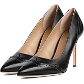 SHODENSE Women Pointed Toe Stiletto Heel Pumps Oxford Slip On High Heels Two Tone Perforated 4 inch Stiletto High Heels Pointy Closed Toe Dress Heels Wingtips Vintage All Black 8.5 M US