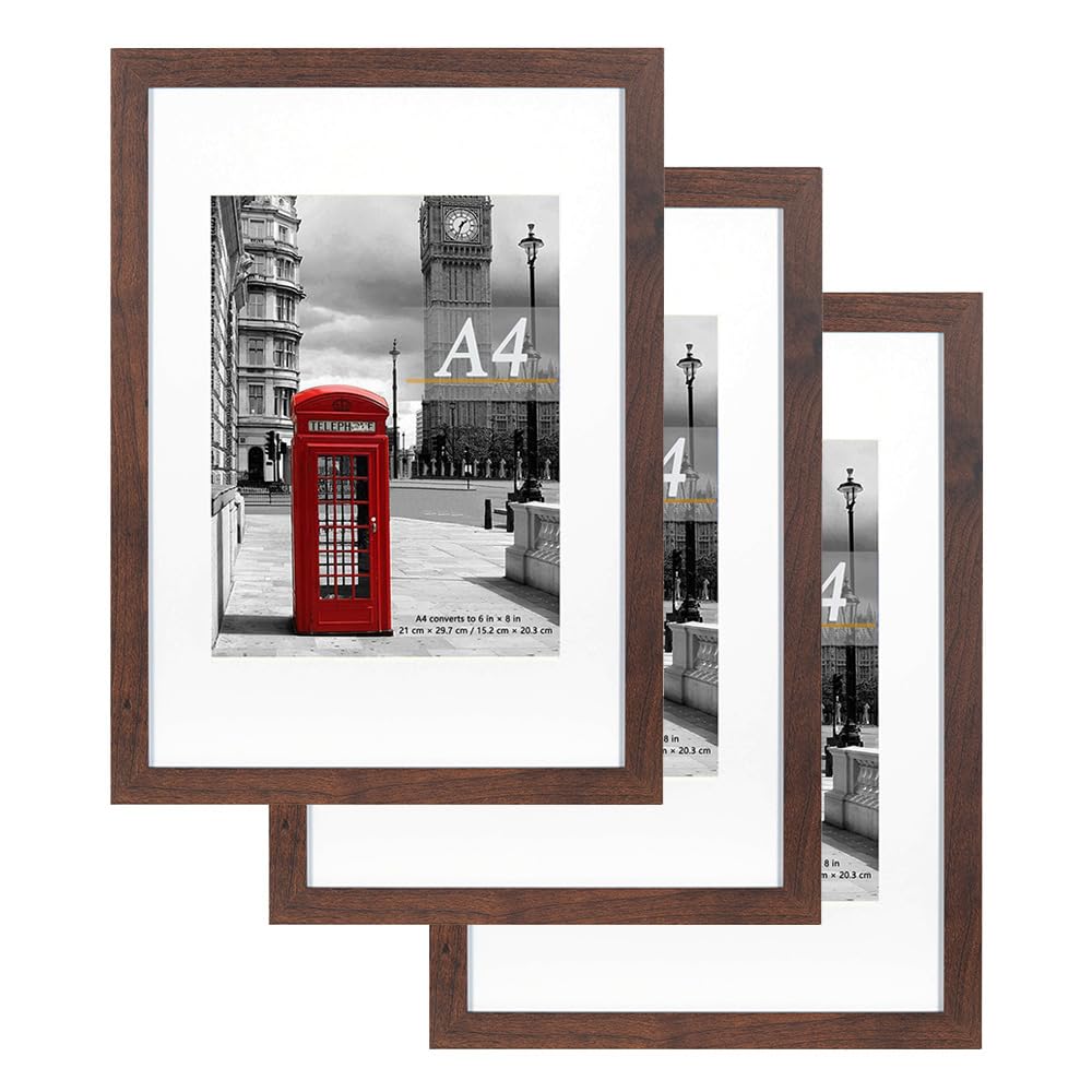 Scholar Tree Brown Picture Frame A4 with Mount,Set of 3,A4 Frame,Freestanding and Wall Mountable