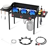 ADREAK 3 Burner Propane Burner, Outdoor Camping Stove, 225,000 BTU | High Pressure Propane Stove, 0-20 PSI Regulator, Windscreen＆Side Shelve＆Removable Leg, for Camping, Backyard, Outdoor Cooking