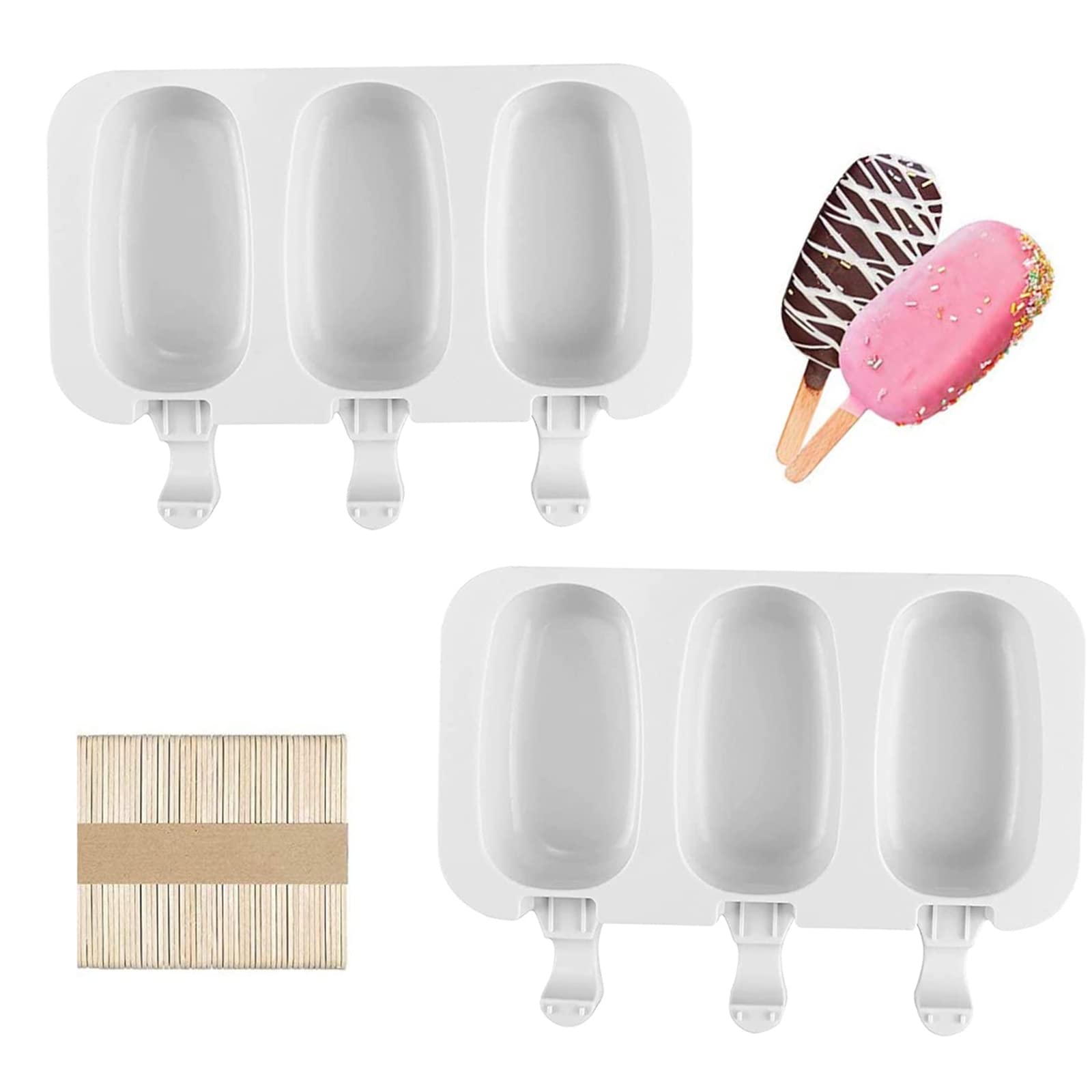 Icicle Moulds, 2 x 3 Compartments Silicone Icicle Moulds, Reusable Icicle Moulds with 50 Wooden Sticks for DIY Frozen Chocolate Cake Moulds