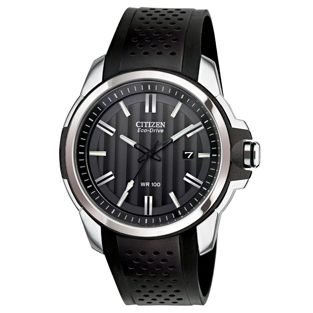 Reloj Citizen Eco-Drive Weekender para hombre en acero inoxidable con correa de poliuretano negra, esfera negra, 44 mm (Modelo: AW1150-07E)