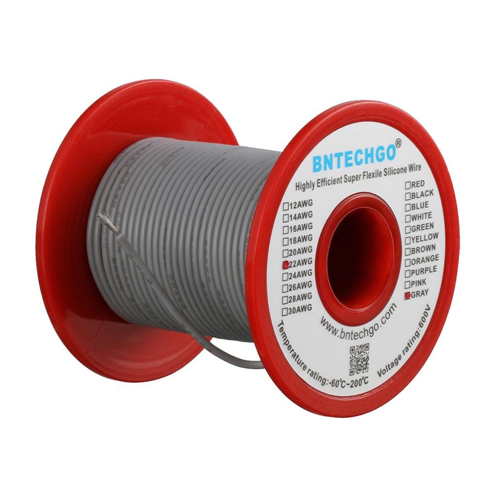 BNTECHGO 22 Gauge Silicone Wire Spool Gray 100 ft Ultra Flexible High Temp 200 deg C 600V 22 AWG Silicone Rubber Wire 60 Strands of Tinned Copper Wire Stranded Wire for Model Low Impedance