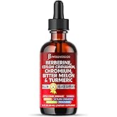 Berberine with Ceylon Cinnamon Supplement Liquid Drops + Bitter Melon Extract, Glucomannan, Gymnema, Chromium, Turmeric, Panax Ginseng, Moringa- 2 OZ