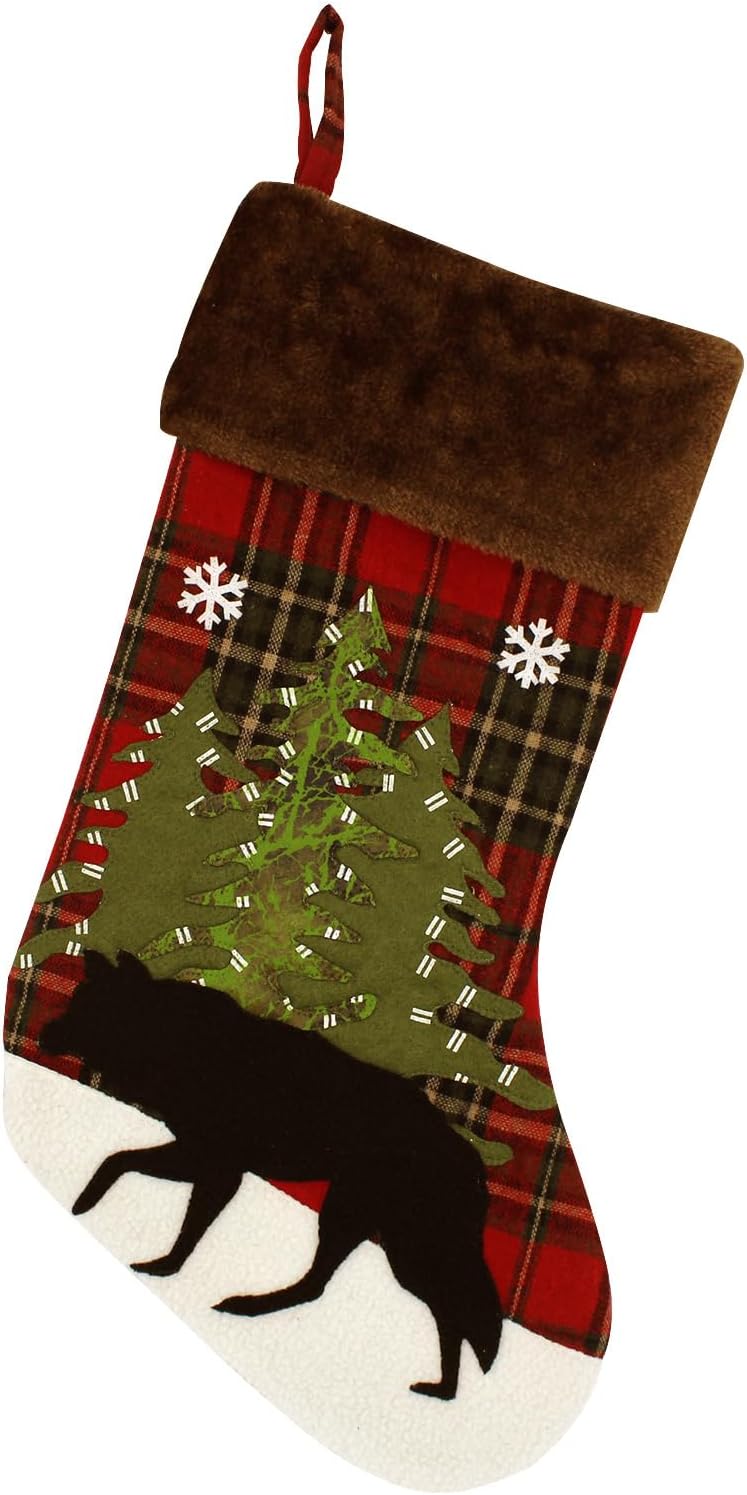Stockings & Holders - 20 inch Wolf Christmas Stockings, Buffalo Wolf Xmas Stocking Cute Plaid Farmhouse Hanging Bags with Snowflake and Tree Design for Child Kids Girls Boys Men Holiday Christmas Décor (Wolf Black)