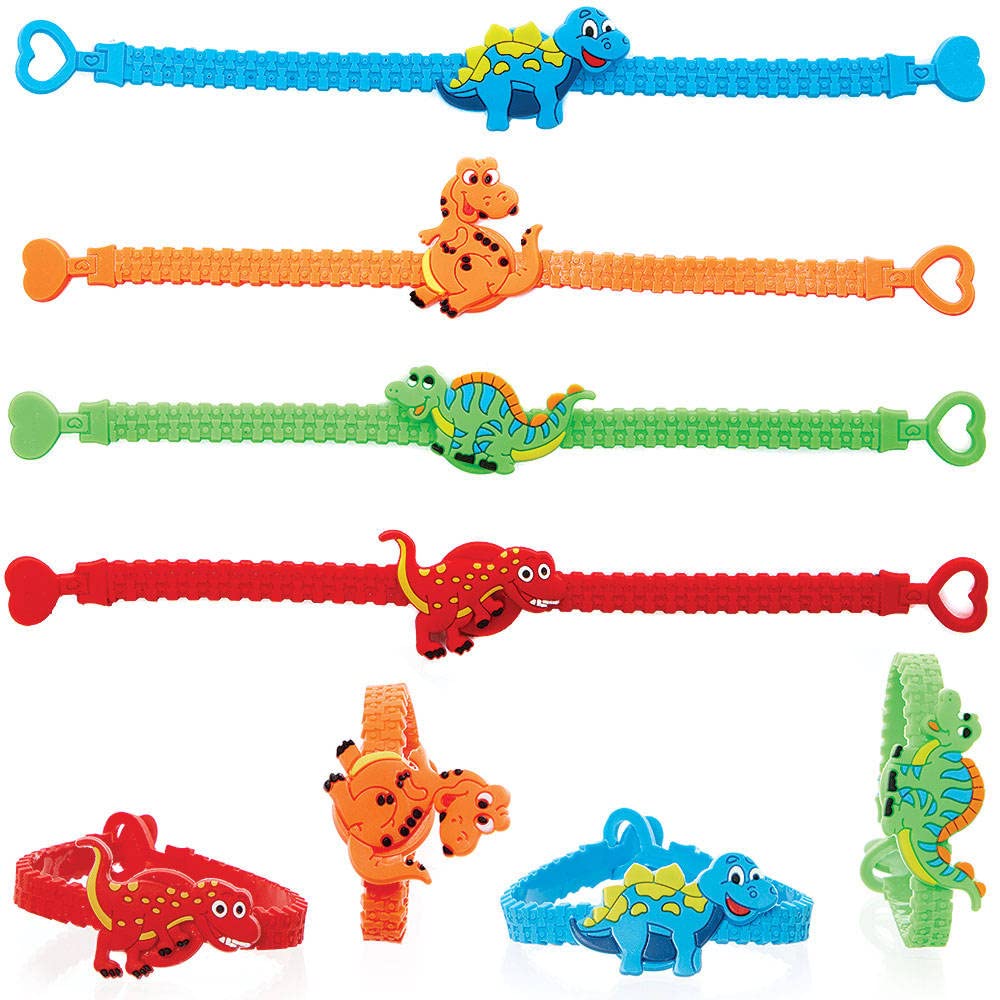 Baker Ross FC947 Dinosaur Wrist Bands - Pack of 8, Kids Party Bag Fillers, Bracelets for Kids, Toys