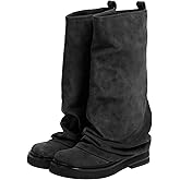 MAVMAX Women Slouchy Knee High Boots Casual Round Toe Pull On Riding Biker Boots Fold Over Chunky Low Heel Platform Boot Suede Black Size 7.5