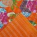Floral Print Decorative Kantha Stitch Quilt Pure Cotton Reversible Bedspread Orange Gudri Queen Size Bedspread