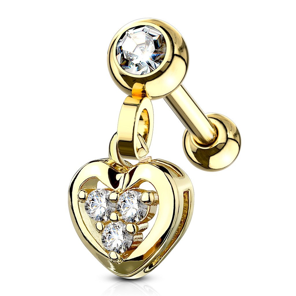 PiercedOff 316L Surgical Steel IP Gold Tone Heart Dangle Cartilage Barbell With Clear CZ Gems - Thickness 16GA (1.2mm) / Length : 6mm / Ball Size 3mm/ Heart Size 6.5mm