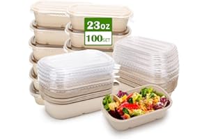 AKSIPO 100 Pack 23 Oz Disposable Meal Prep Containers with Lids, Rectangle Paper Bowls with Lids for Salad,Leftovers, Leak-proof To Go Food Box Cardboard Lunch Box Compostable Take Out Food Containers
