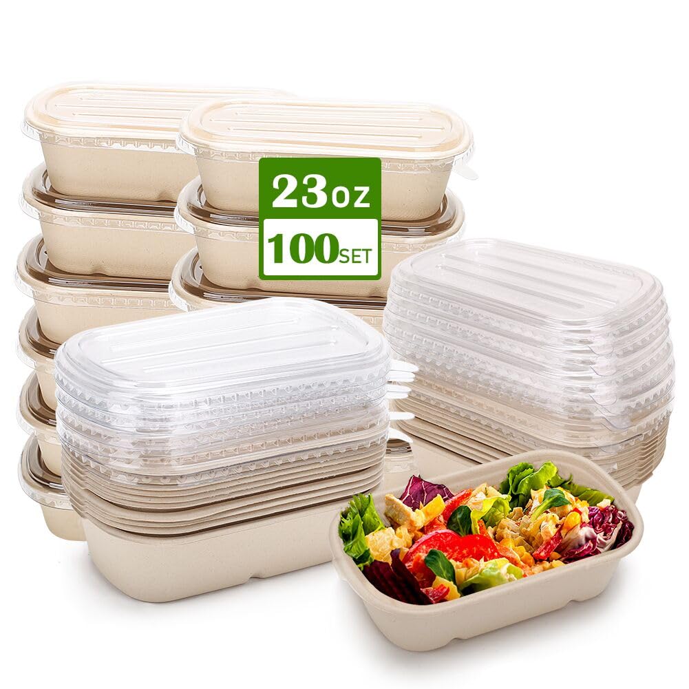 Photo 1 of 100 Pack 23 Oz Disposable Meal Prep Containers with Lids, Rectangle Paper Bowls with Lids for Salad,Leftovers, Leak-proof To Go Food Box Cardboard Lunch Box Compostable Take Out Food Containers