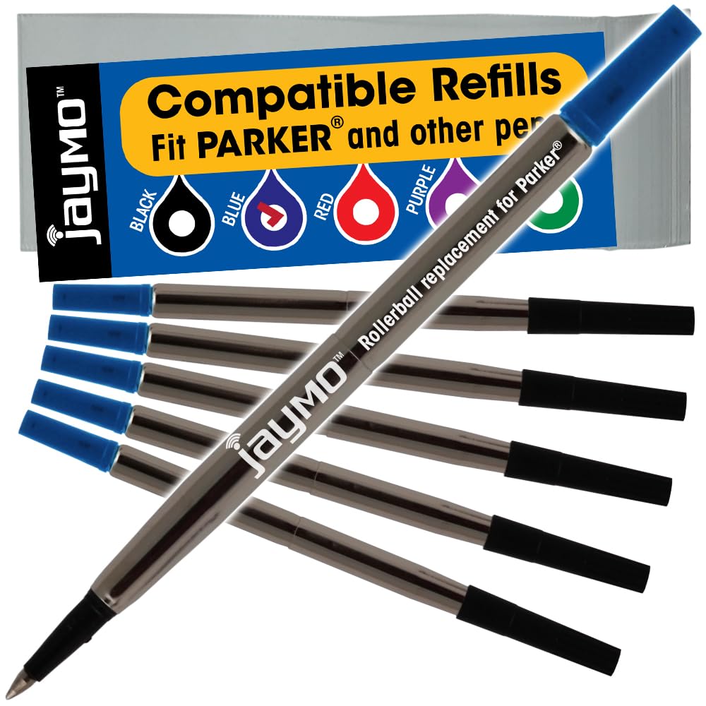 Jaymo Replacement for Parker Quink 1950324 - Measures 4.56 in / 116 mm Long - Rollerball Pen Refill - 6 Blue